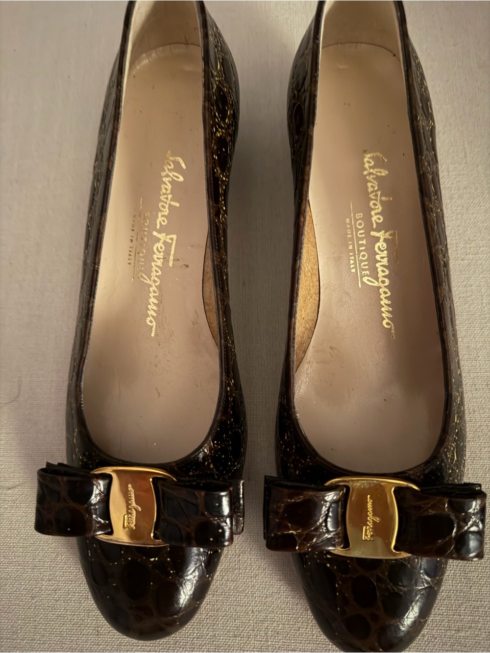 Salvatore Ferragamo Dark Brown Patent Leather Vara Bow Flats with Gold Hardware